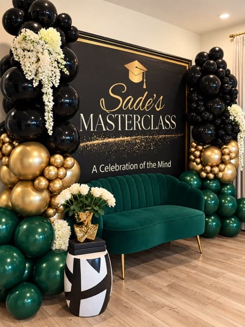 A straight-on view of a graduation celebration's black, emerald, and gold balloon garland backdrop and velvet loveseat, framed by a patterned side table with a floral arrangement and a personalized 'Masterclass' sign.