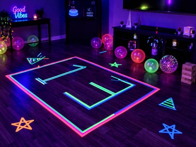 A glow-in-the-dark birthday party setup with a neon 'Good Vibes' sign, a glow-tape game outlined on the floor, and balloon decor lit under black light.
